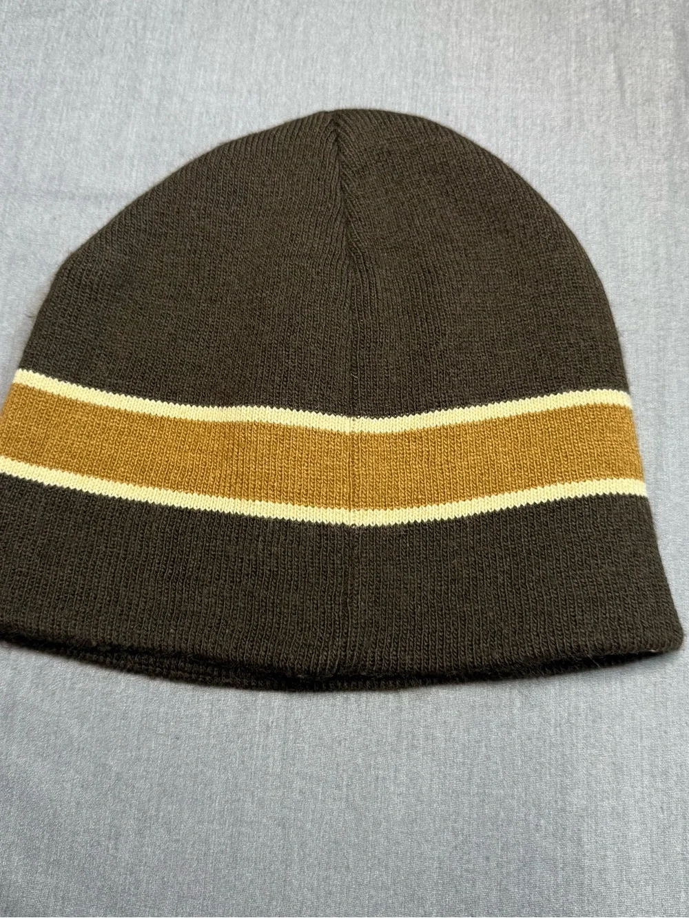 Vintage Y2K Boys Carhartt Brown Beanie with Gold and Cream Stripe